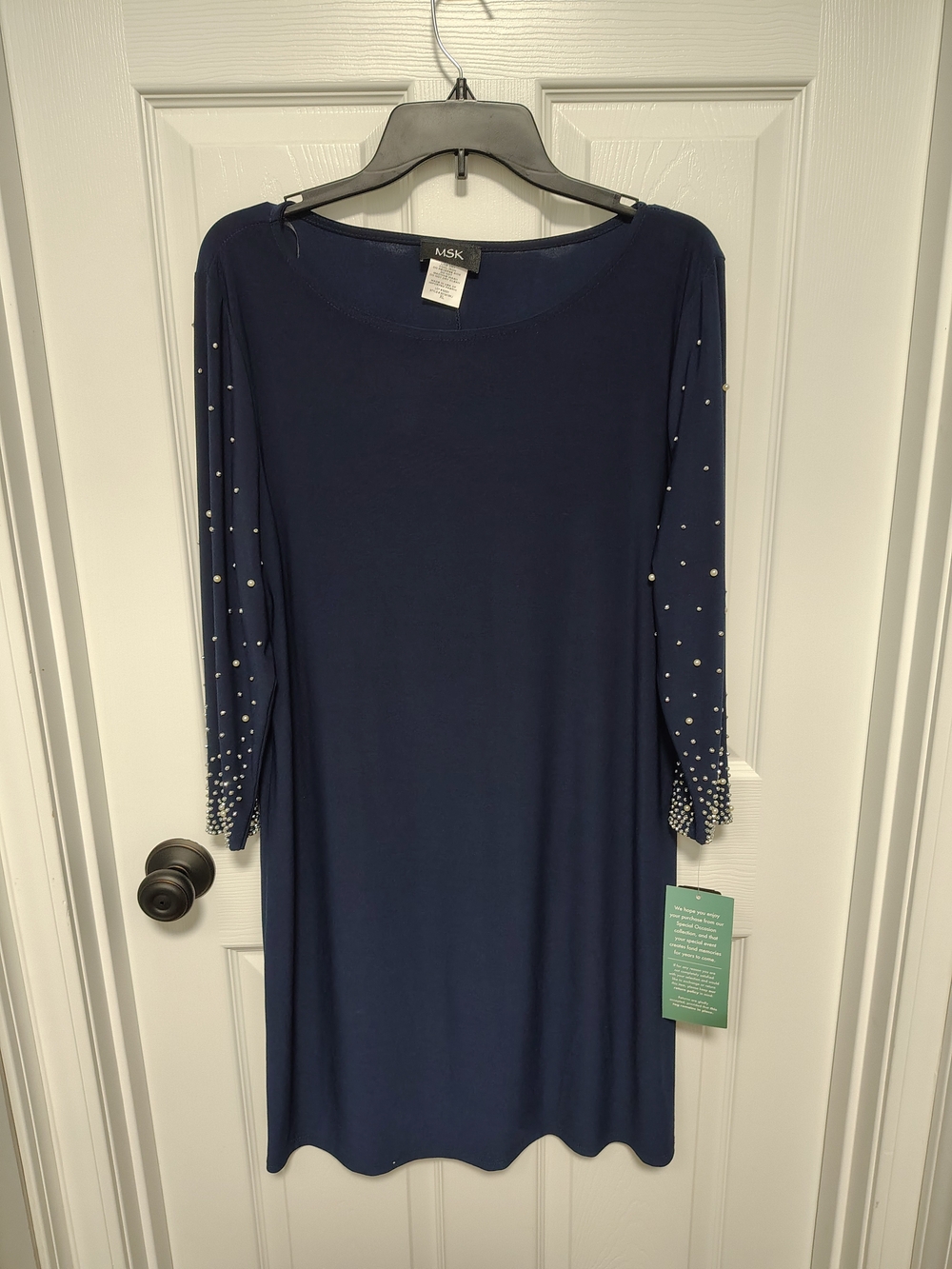 MSK Navy Pearl-Accent Long Sleeve Midi Dress